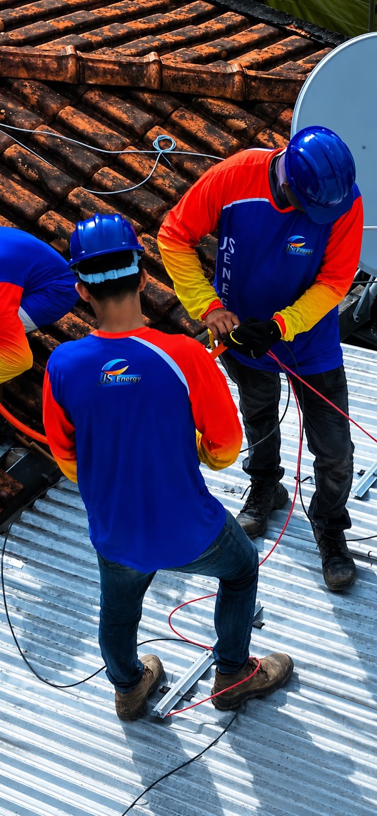 Equipe JS Energy realizando instalação em telhado residencial